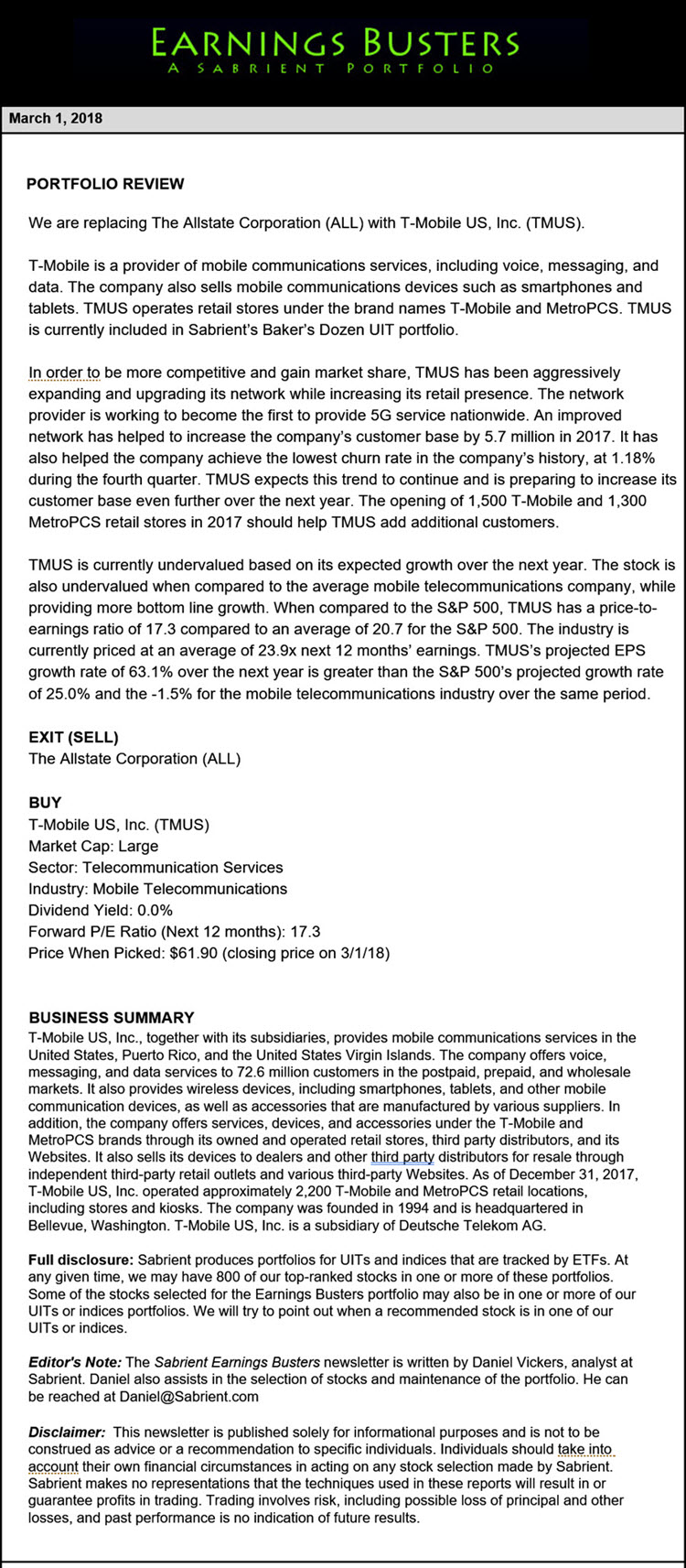 Earnings Busters Newsletter - March 1, 2018