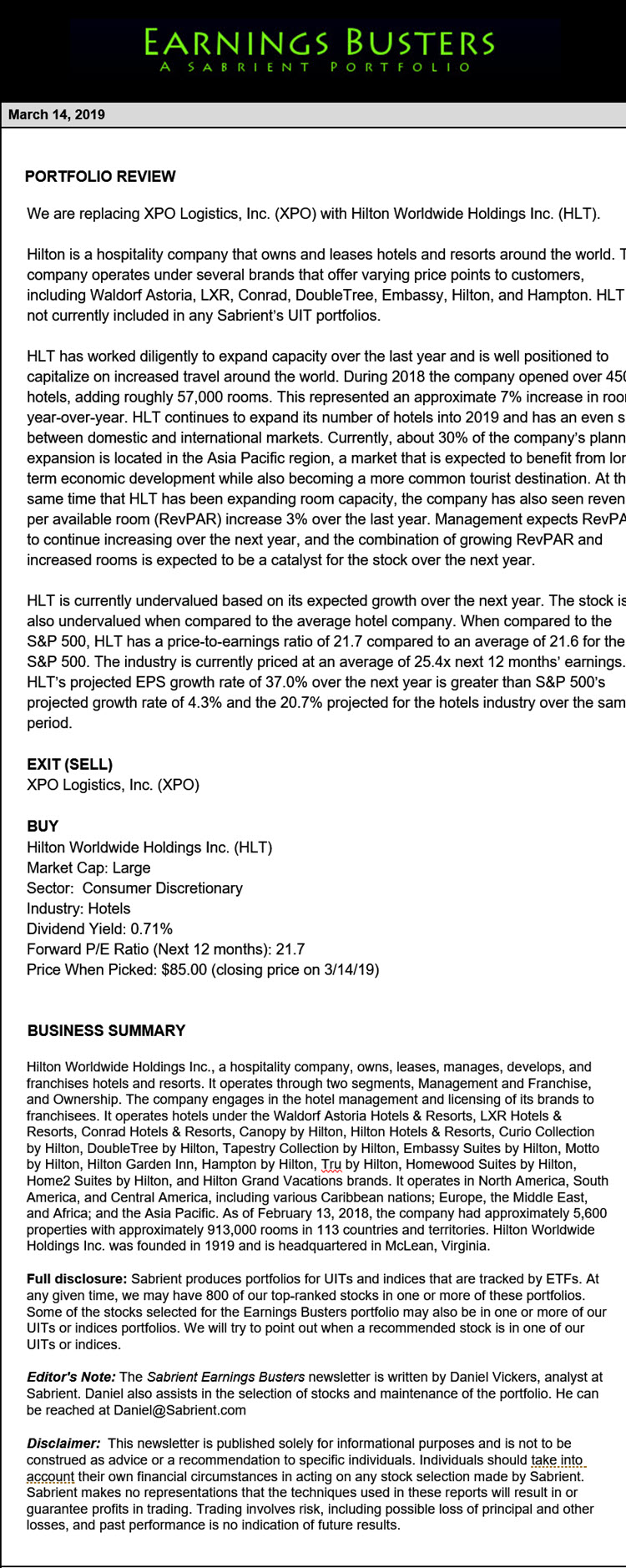 Earnings Busters Newsletter - March 14, 2019