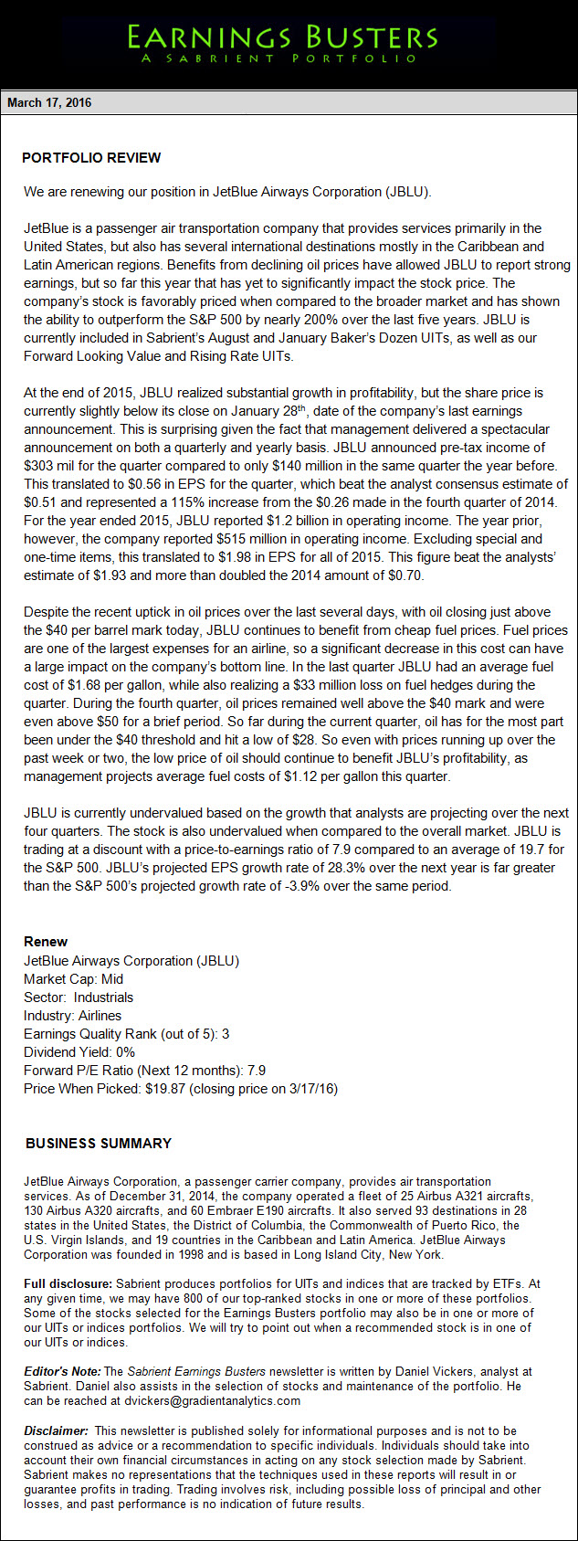 Earnings Busters Newsletter - March 17, 2016