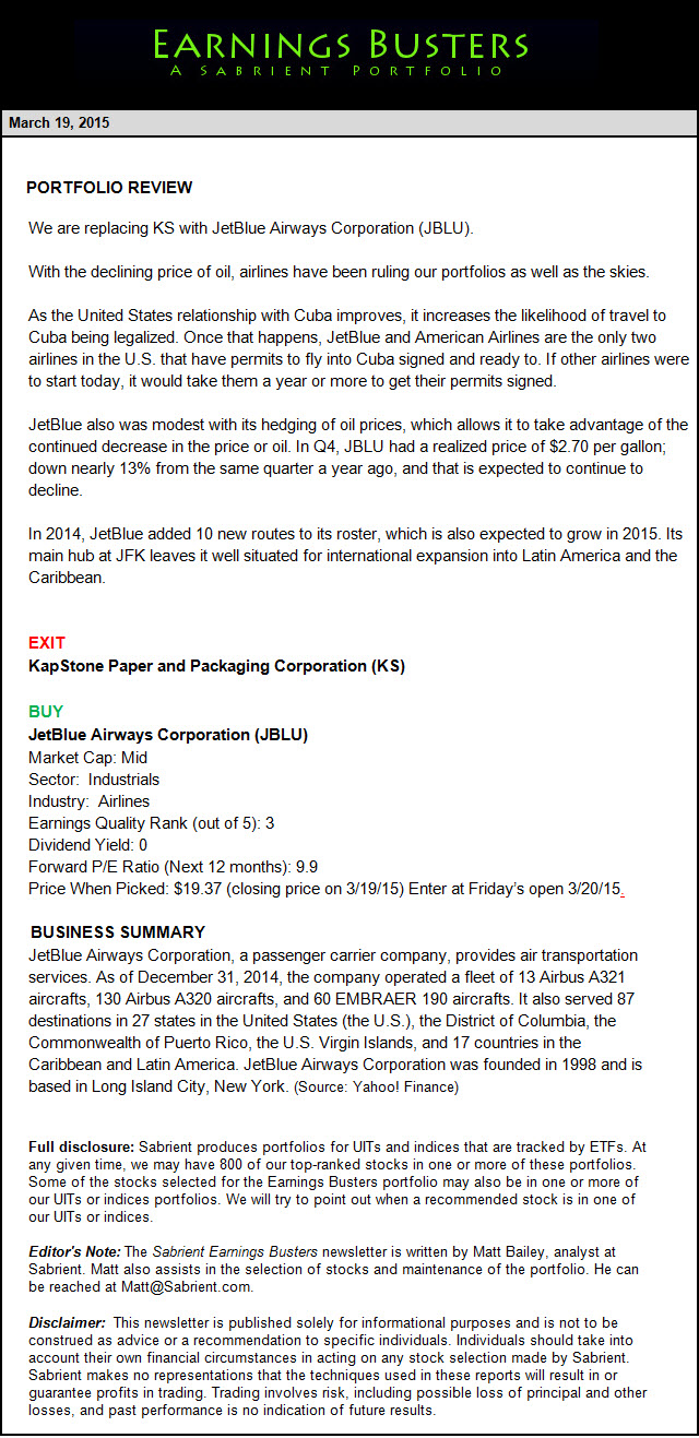Earnings Busters Newsletter - March 19, 2015