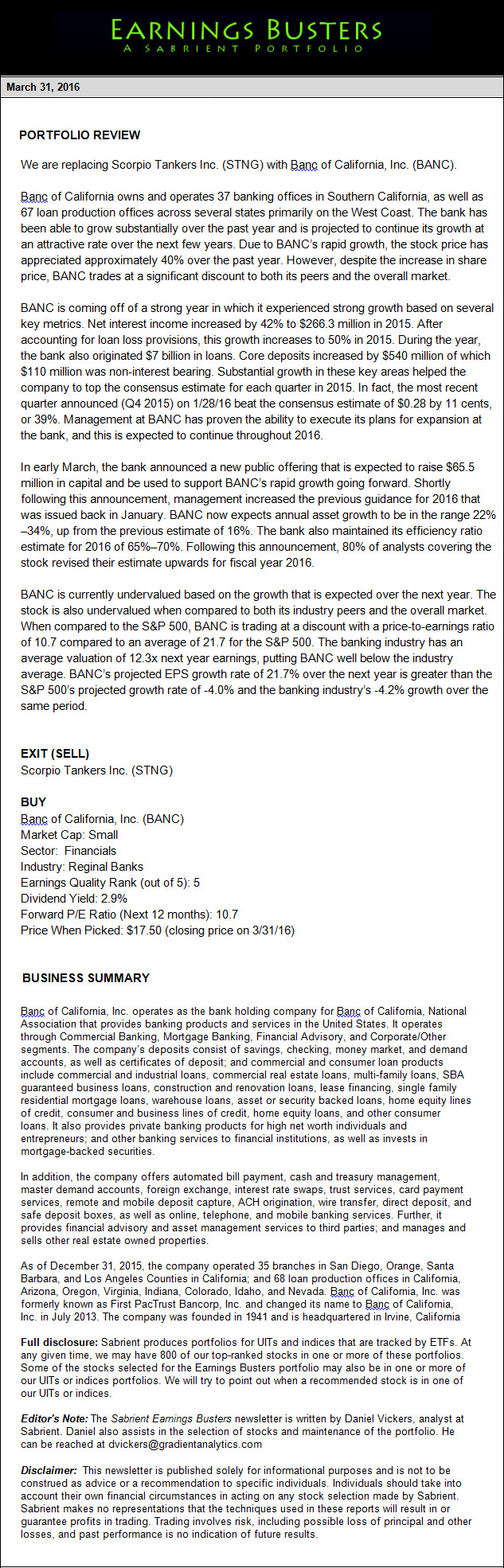 Earnings Busters Newsletter - March 31, 2016
