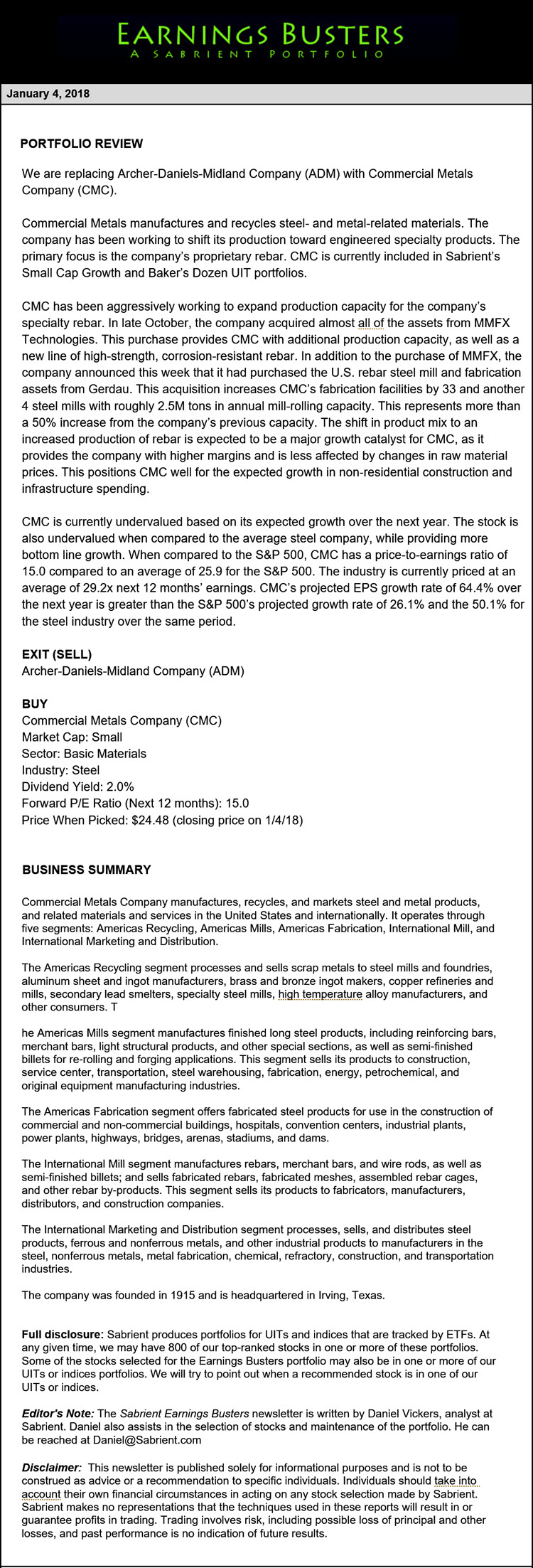 Earnings Busters Newsletter - January 4, 2018