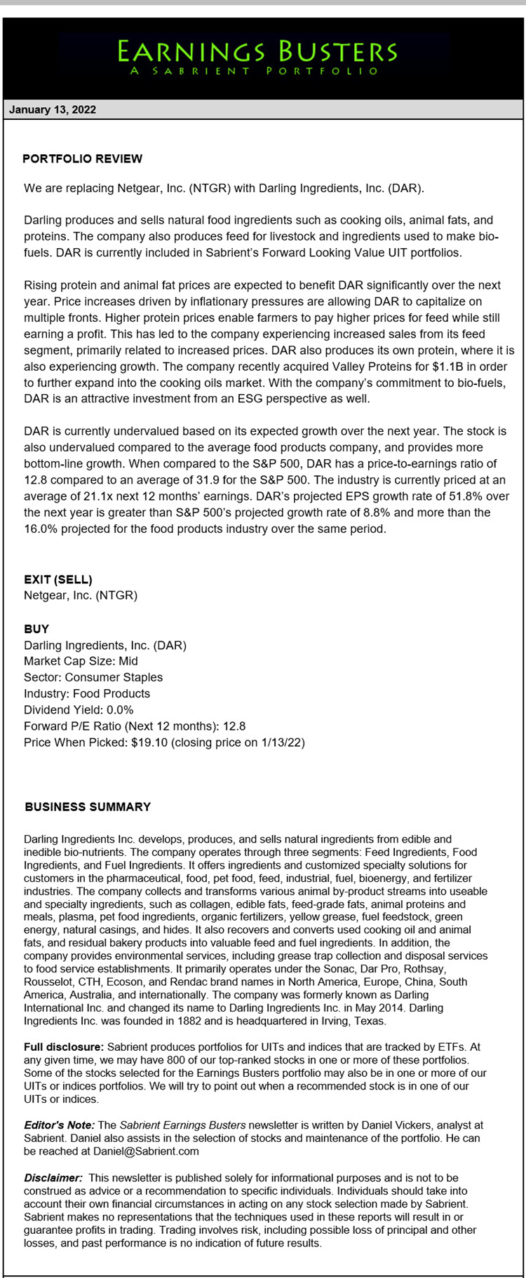 Earnings Busters Newsletter - January 13, 2022