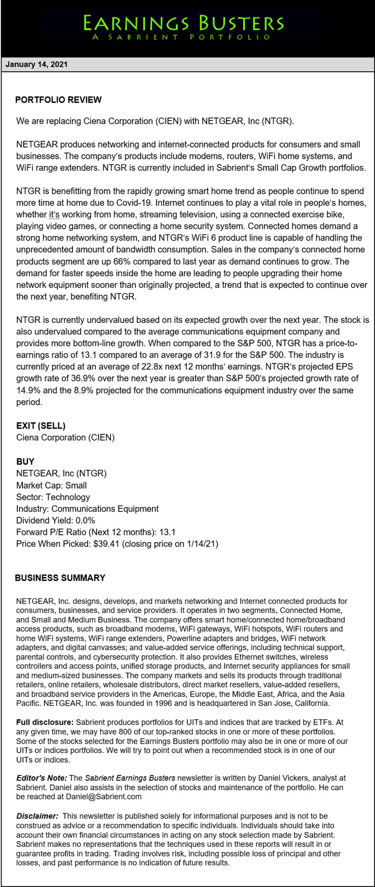 Earnings Busters Newsletter - January 14, 2021