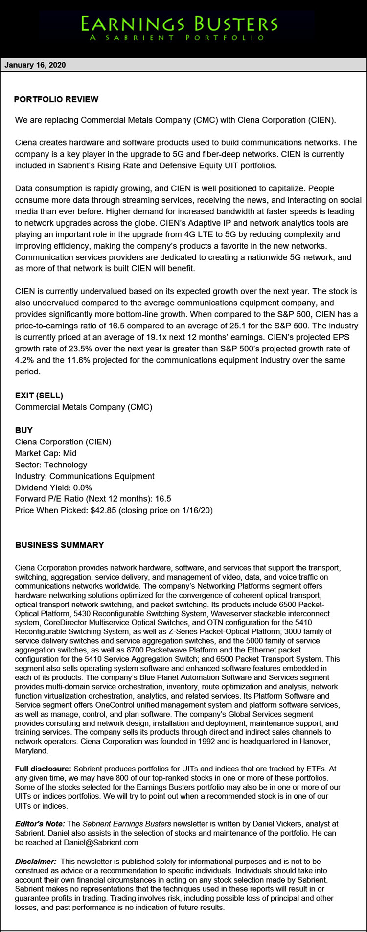 Earnings Busters Newsletter - January 16, 2020