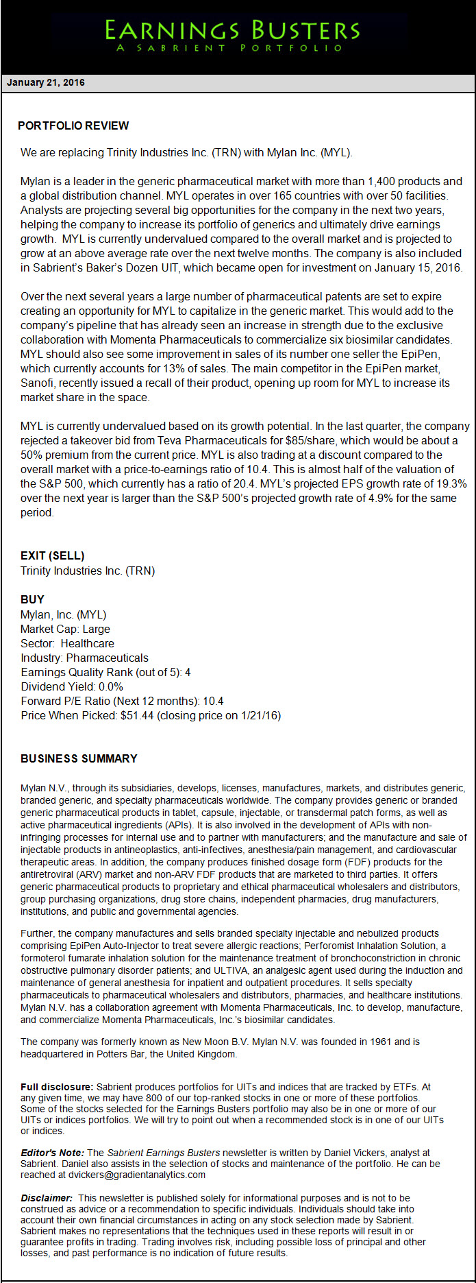 Earnings Busters Newsletter - January 21, 2016