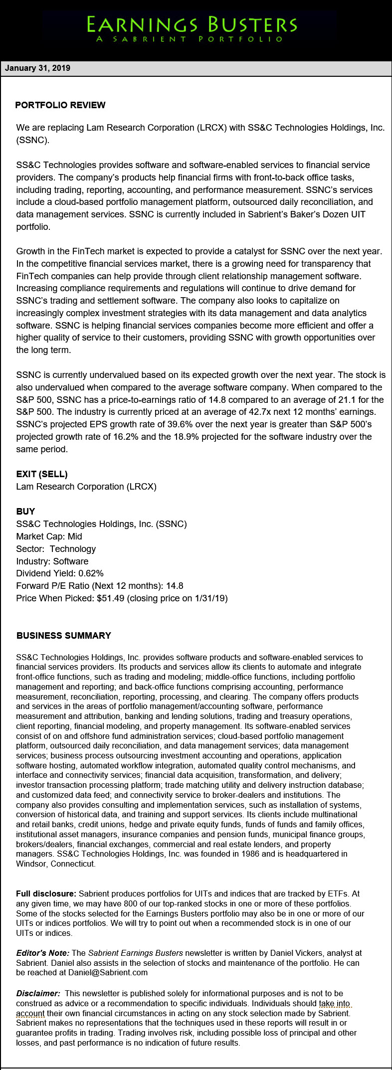 Earnings Busters Newsletter - January 31, 2019