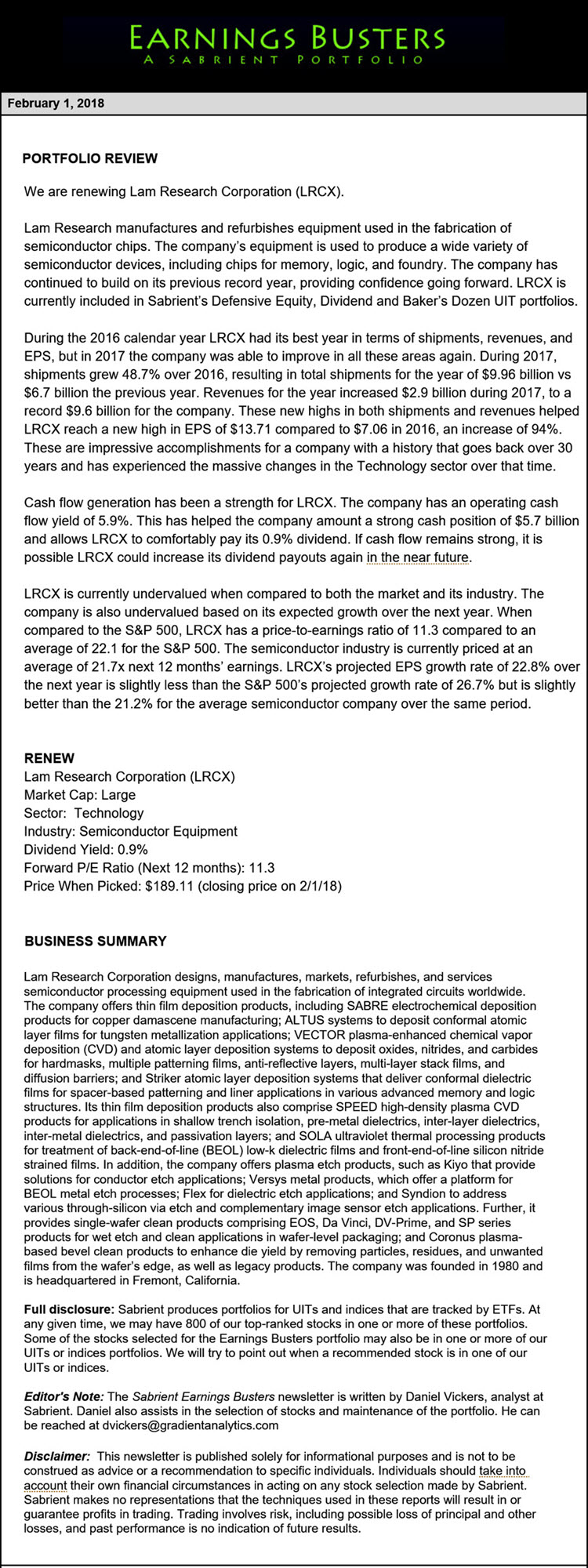 Earnings Busters Newsletter - February 1, 2018