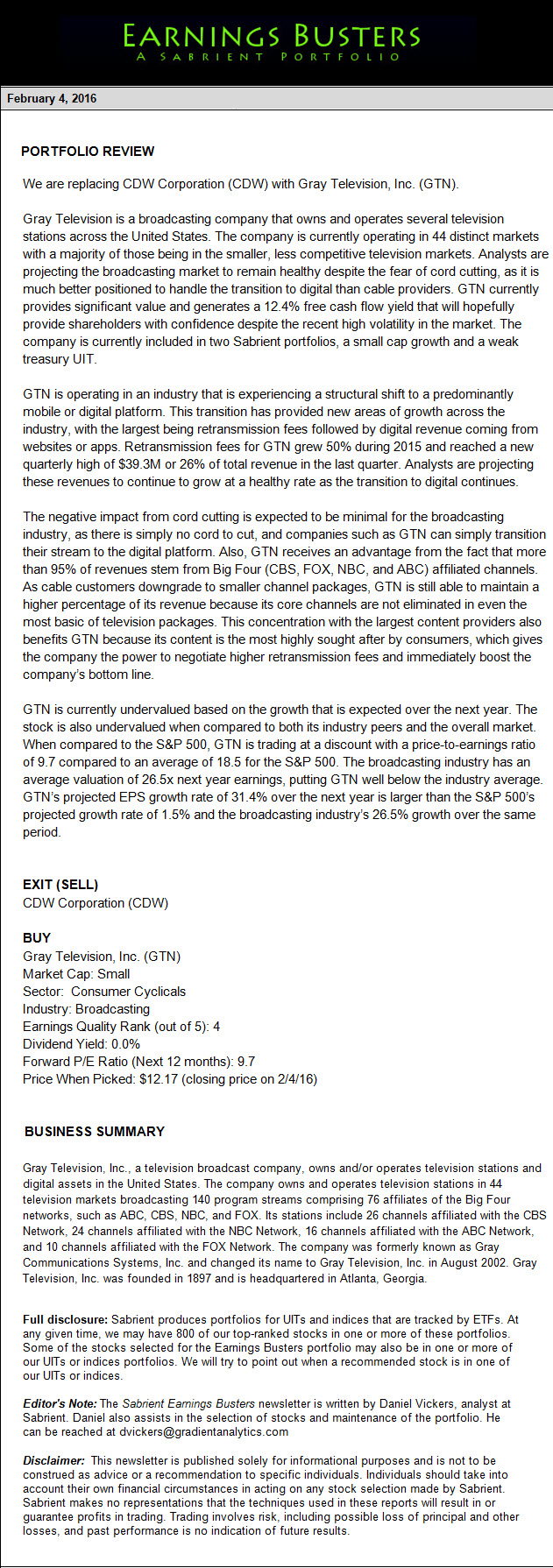 Earnings Busters Newsletter - February 4, 2016