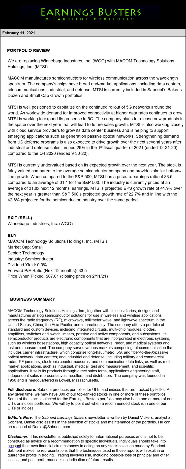 Earnings Busters Newsletter - February 12, 2021