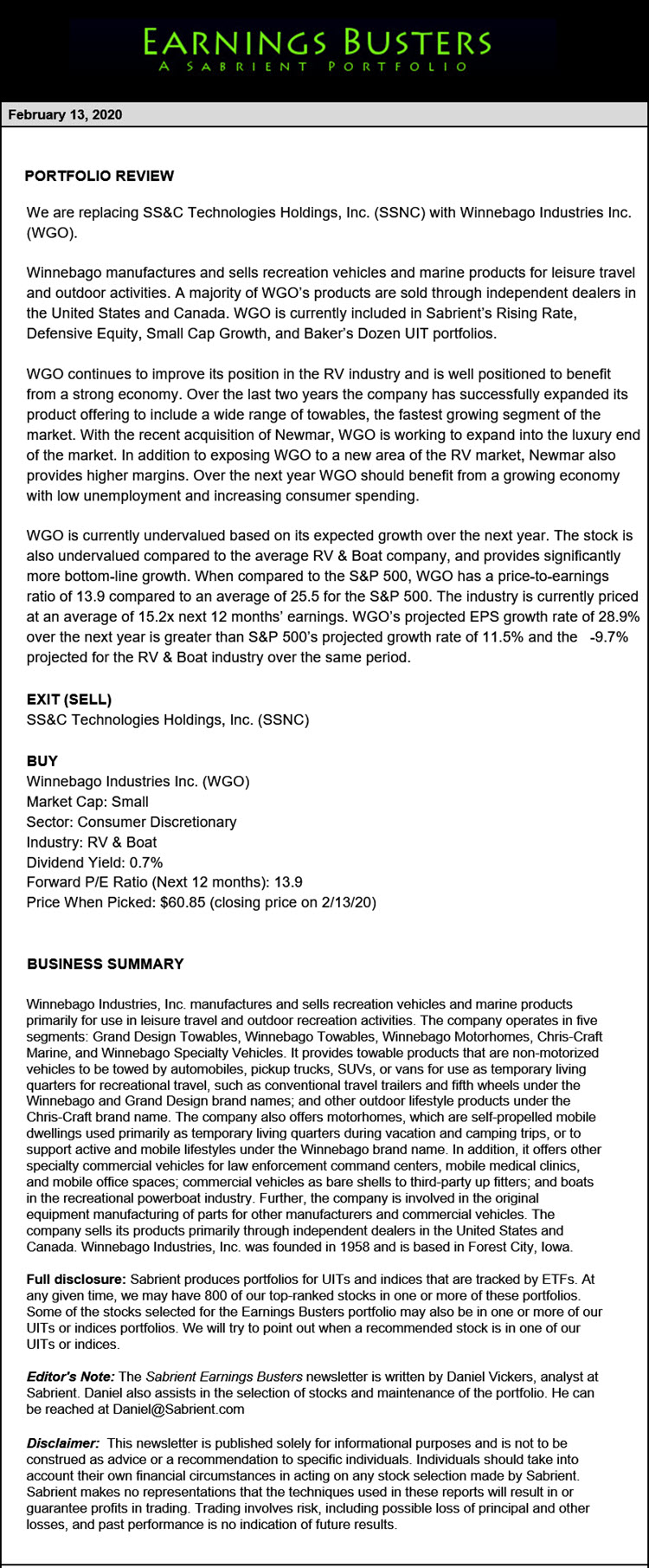 Earnings Busters Newsletter - February 13, 2020