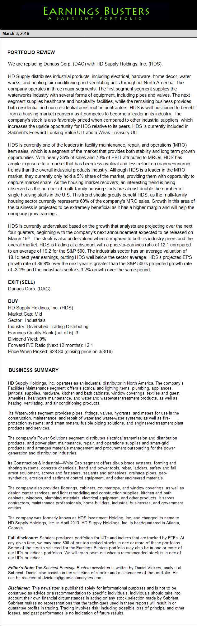 Earnings Busters Newsletter - March 3, 2016