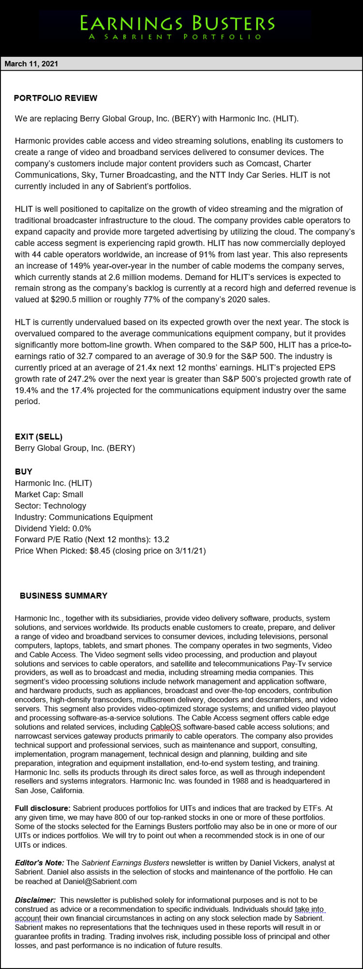 Earnings Busters Newsletter - March 11, 2021
