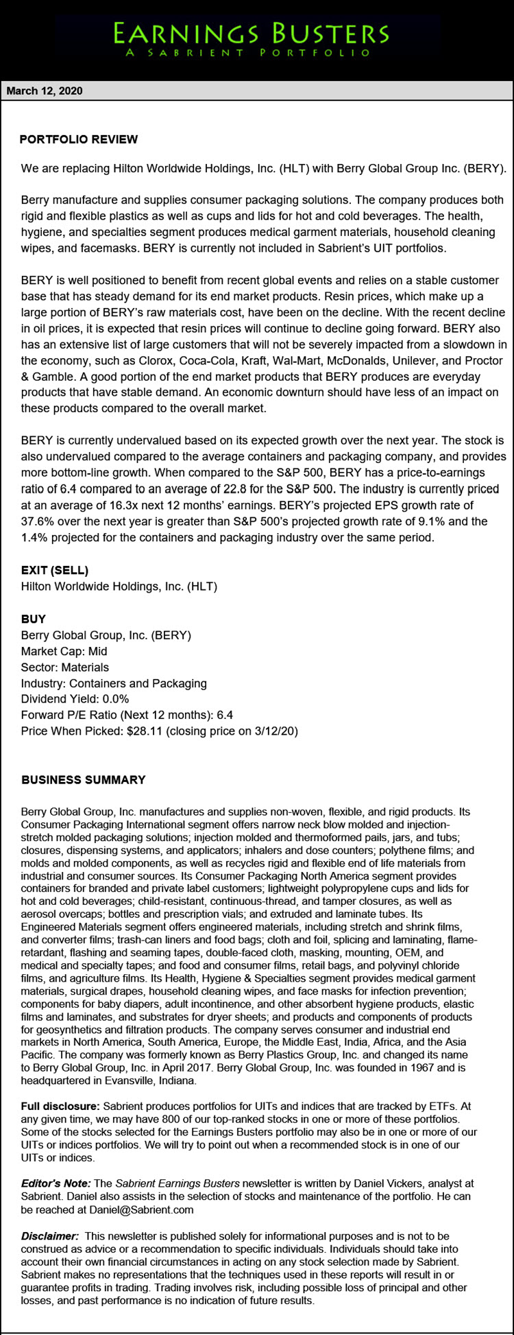 Earnings Busters Newsletter - Narch 12, 2020