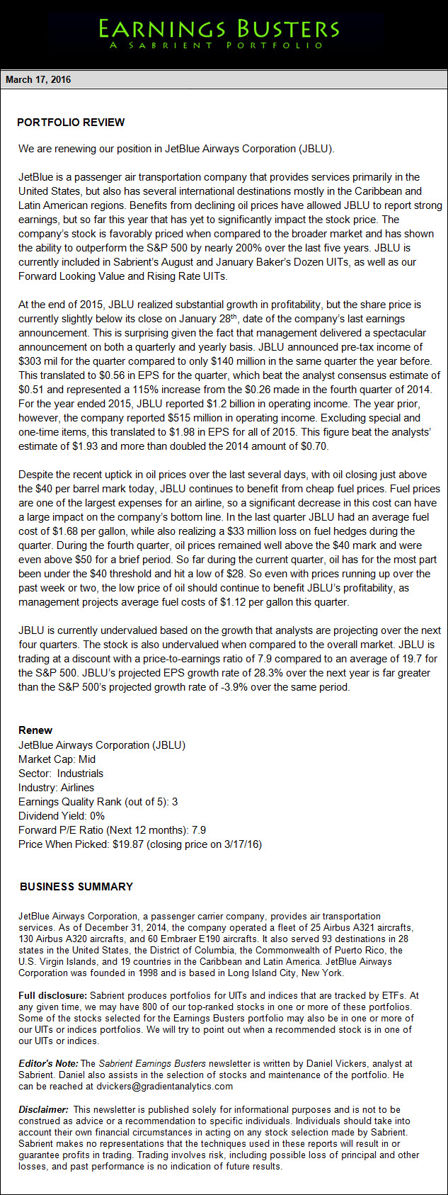 Earnings Busters Newsletter - March 17, 2016