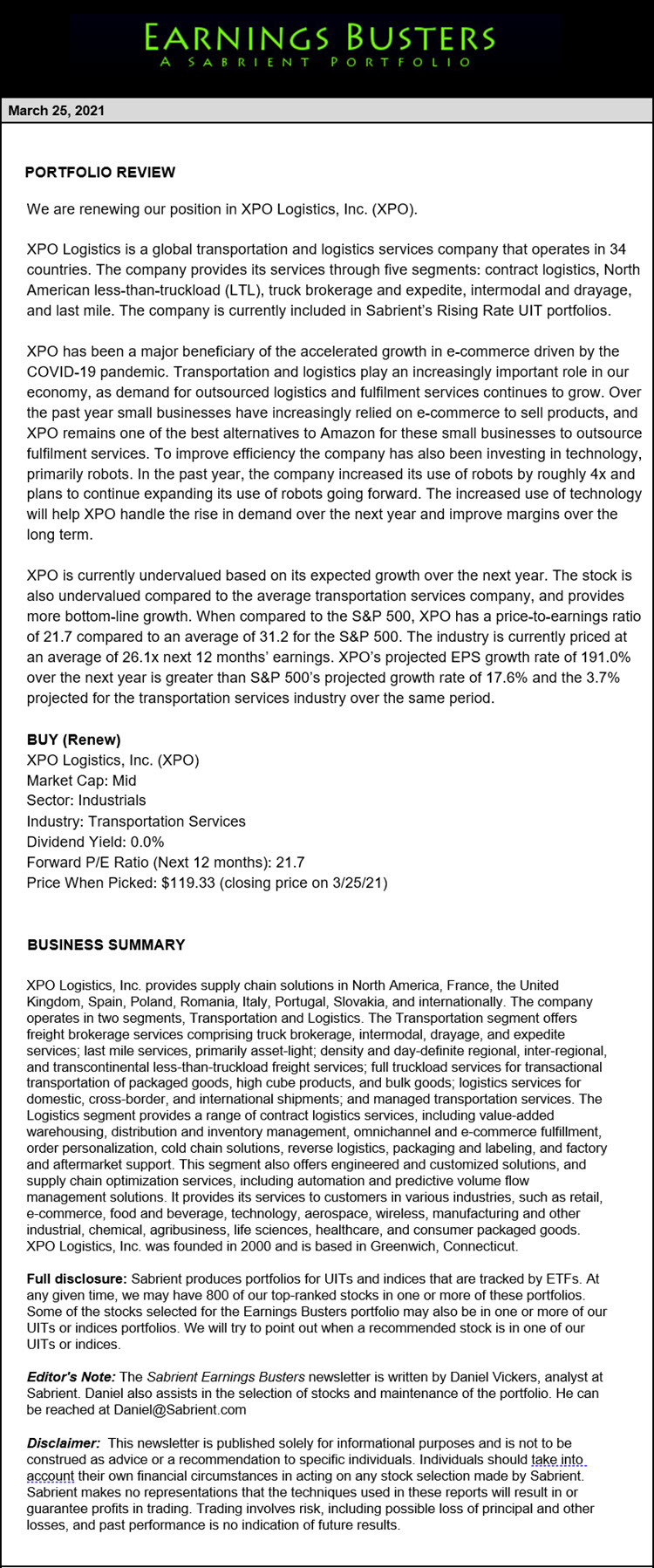 Earnings Busters Newsletter - March 25, 2021