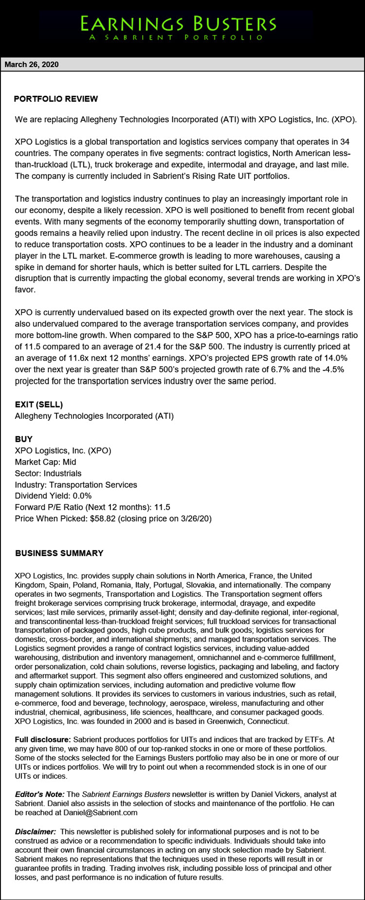 Earnings Busters Newsletter - Narch 26, 2020