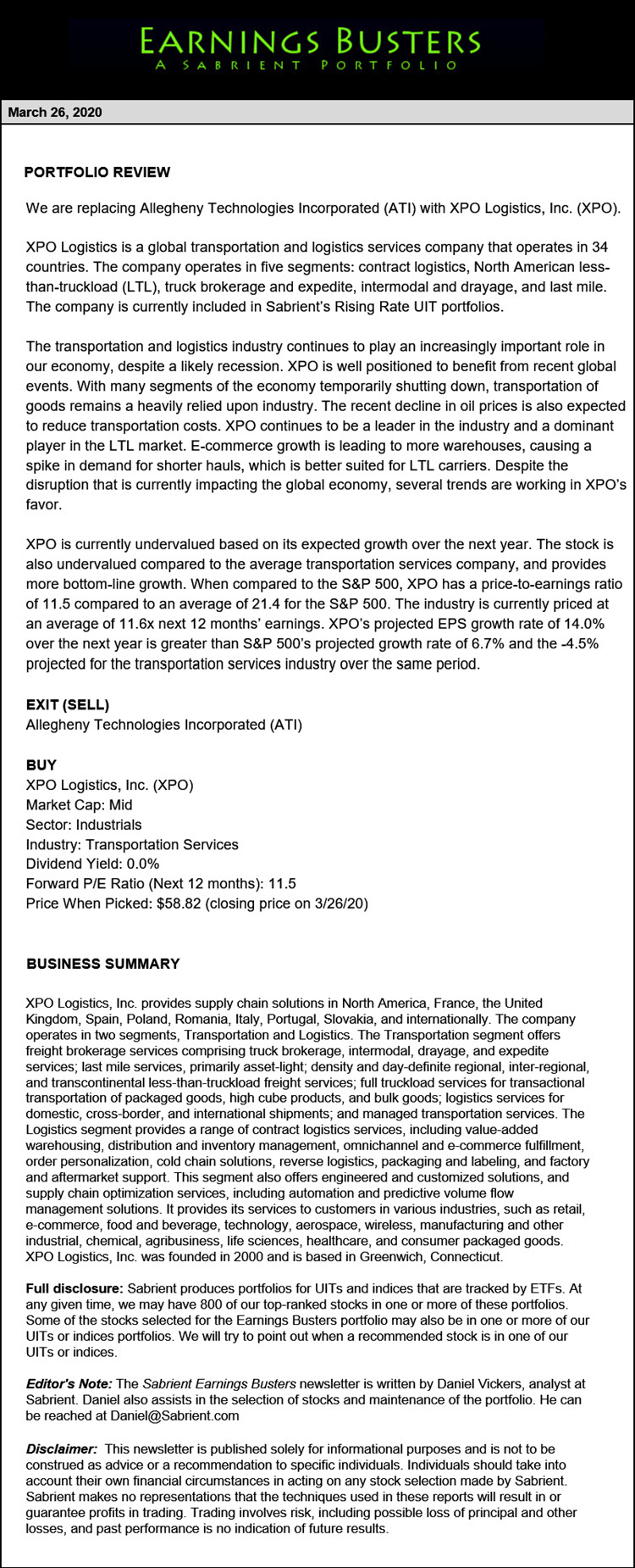 Earnings Busters Newsletter - Narch 26, 2020