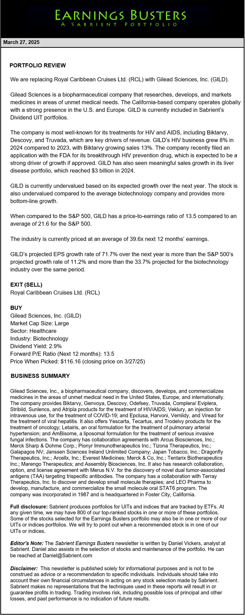Earnings Busters Newsletter - March 27, 2025