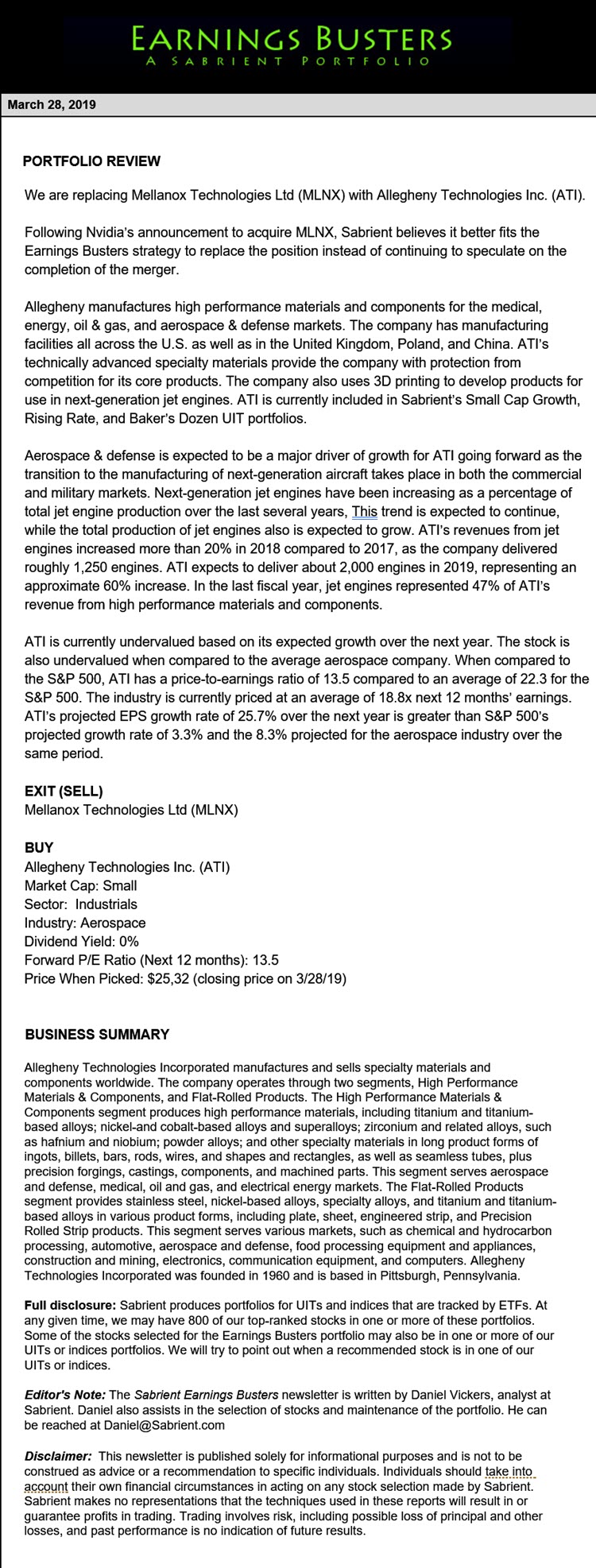 Earnings Busters Newsletter - March 28, 2019