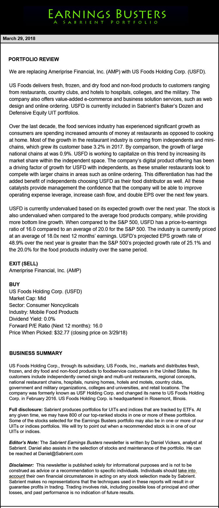 Earnings Busters Newsletter - March 29, 2018
