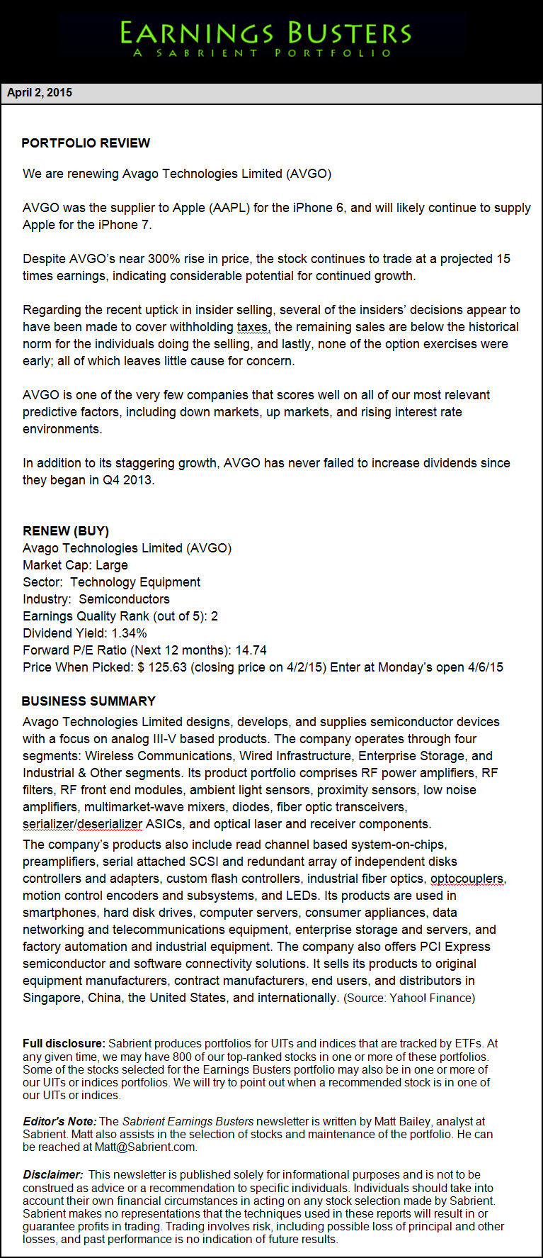 Earnings Busters Newsletter - April 30, 2015