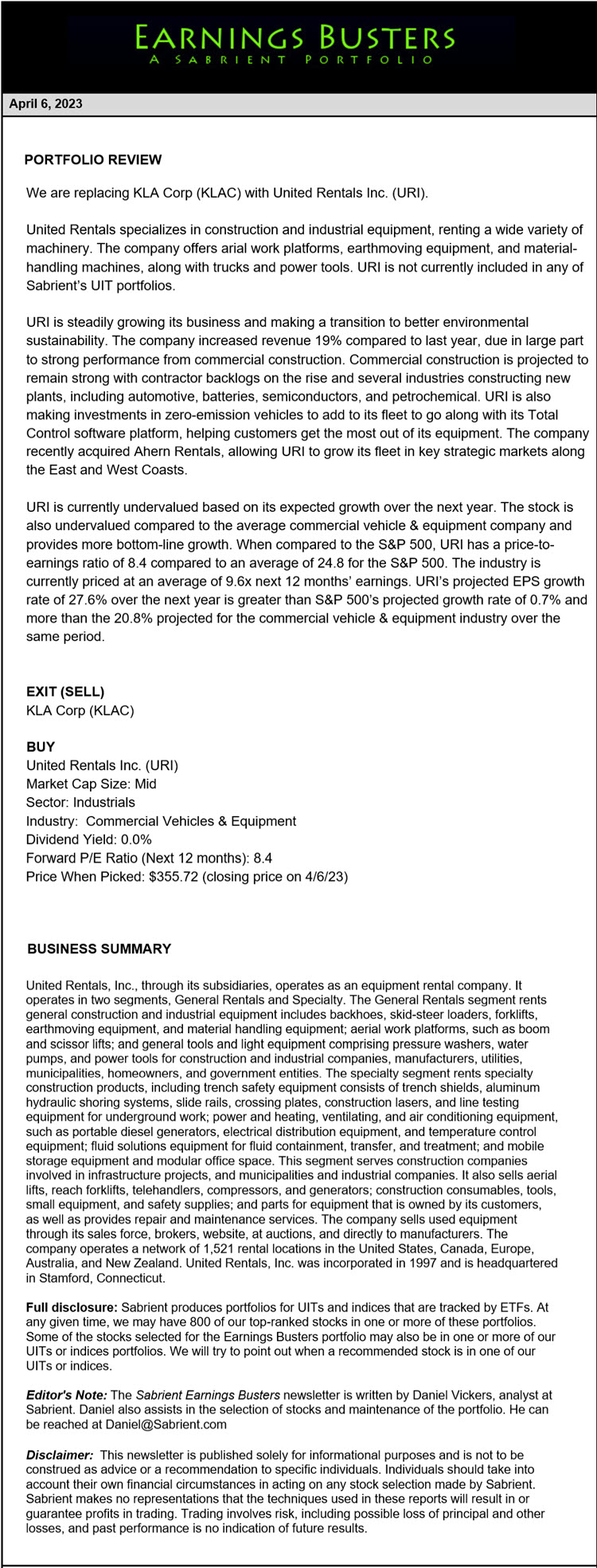 Earnings Busters Newsletter - April 6, 2023