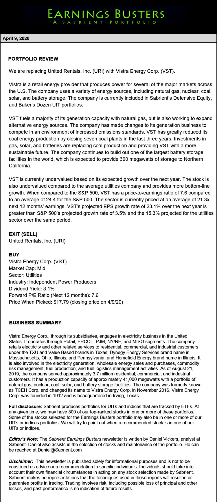 Earnings Busters Newsletter - April 9, 2020