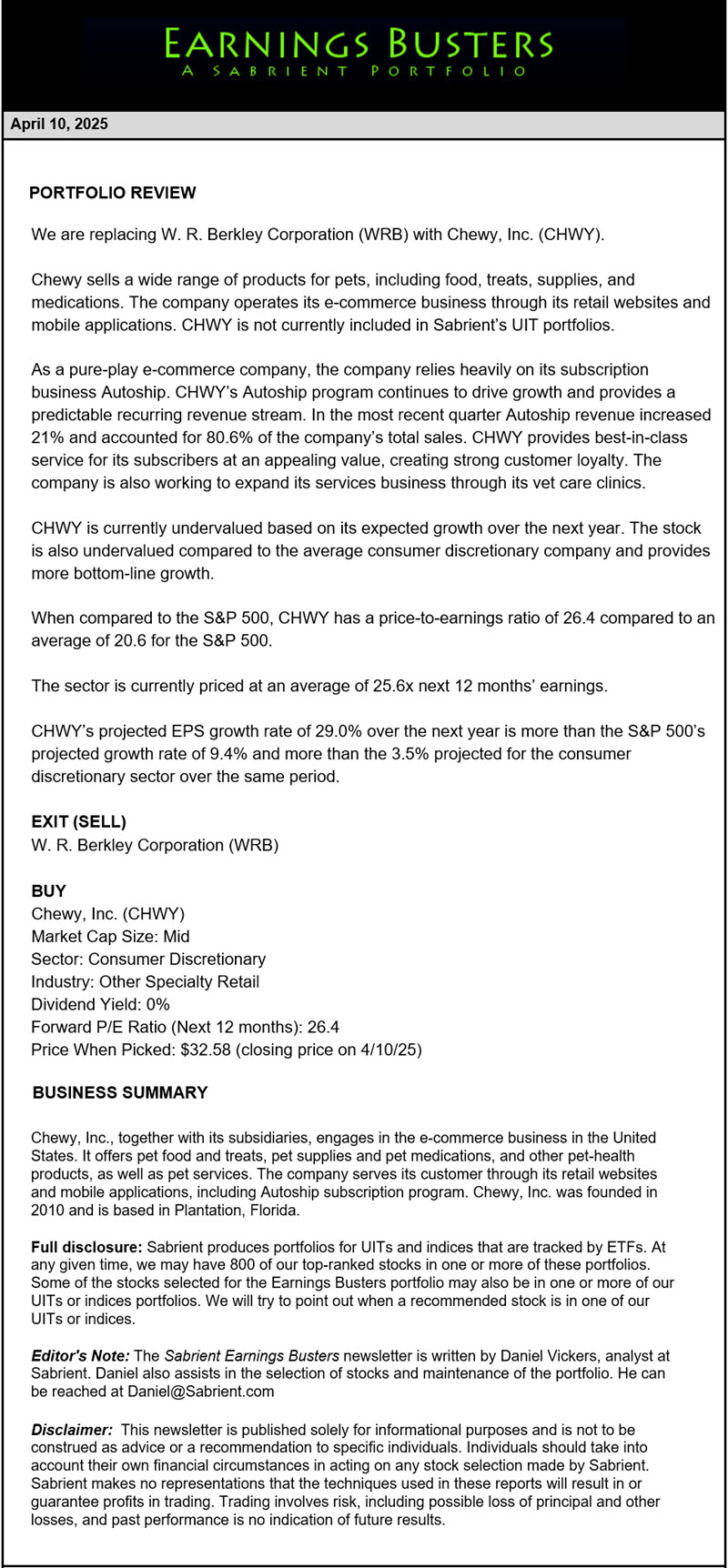 Earnings Busters Newsletter - April 10, 2025