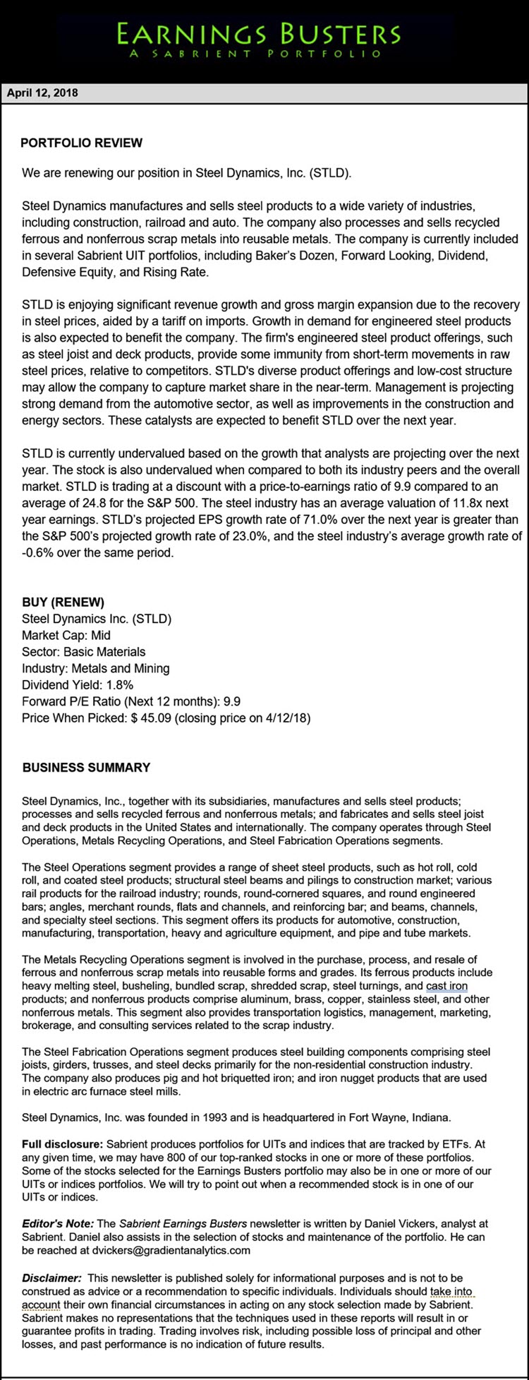 Earnings Busters Newsletter - April 12, 2018