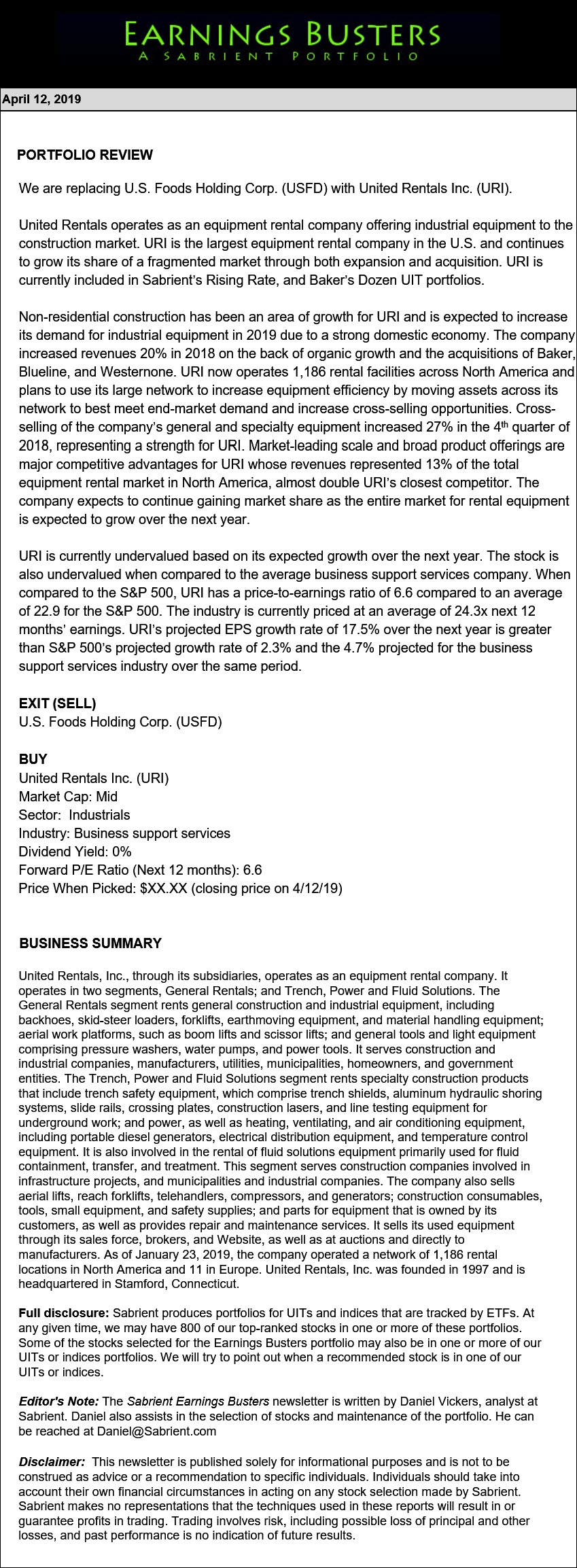 Earnings Busters Newsletter - April 12, 2019