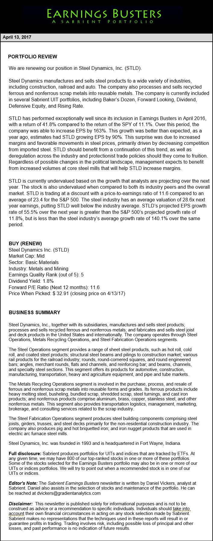 Earnings Busters Newsletter - April 13, 2017