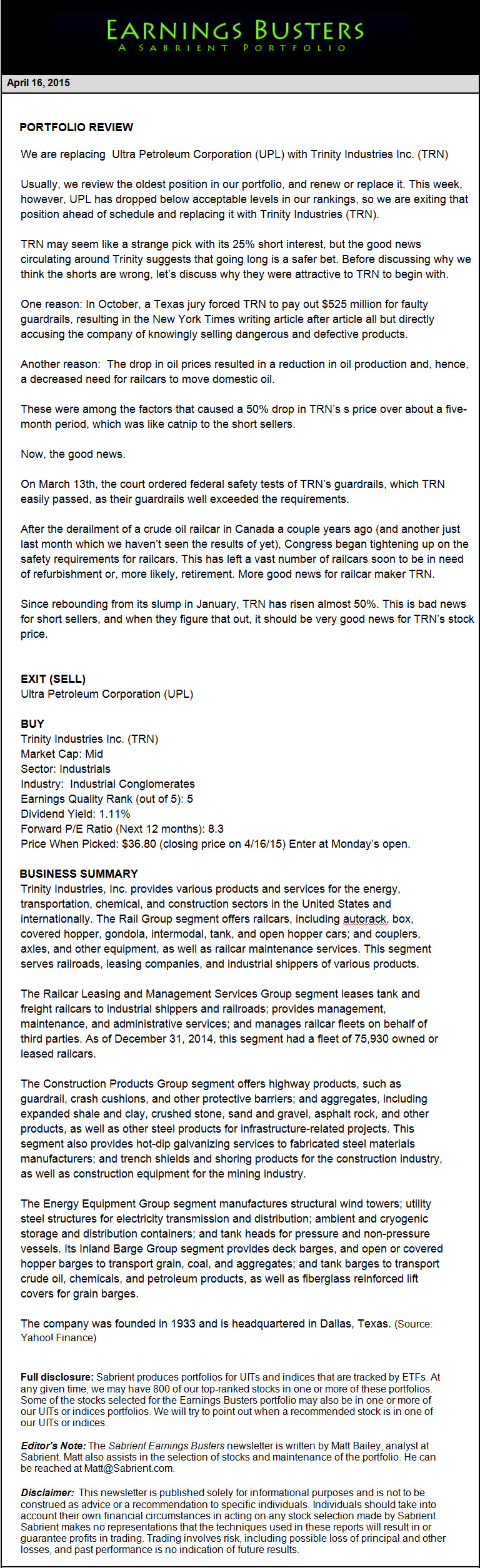 Earnings Busters Newsletter - April 30, 2015