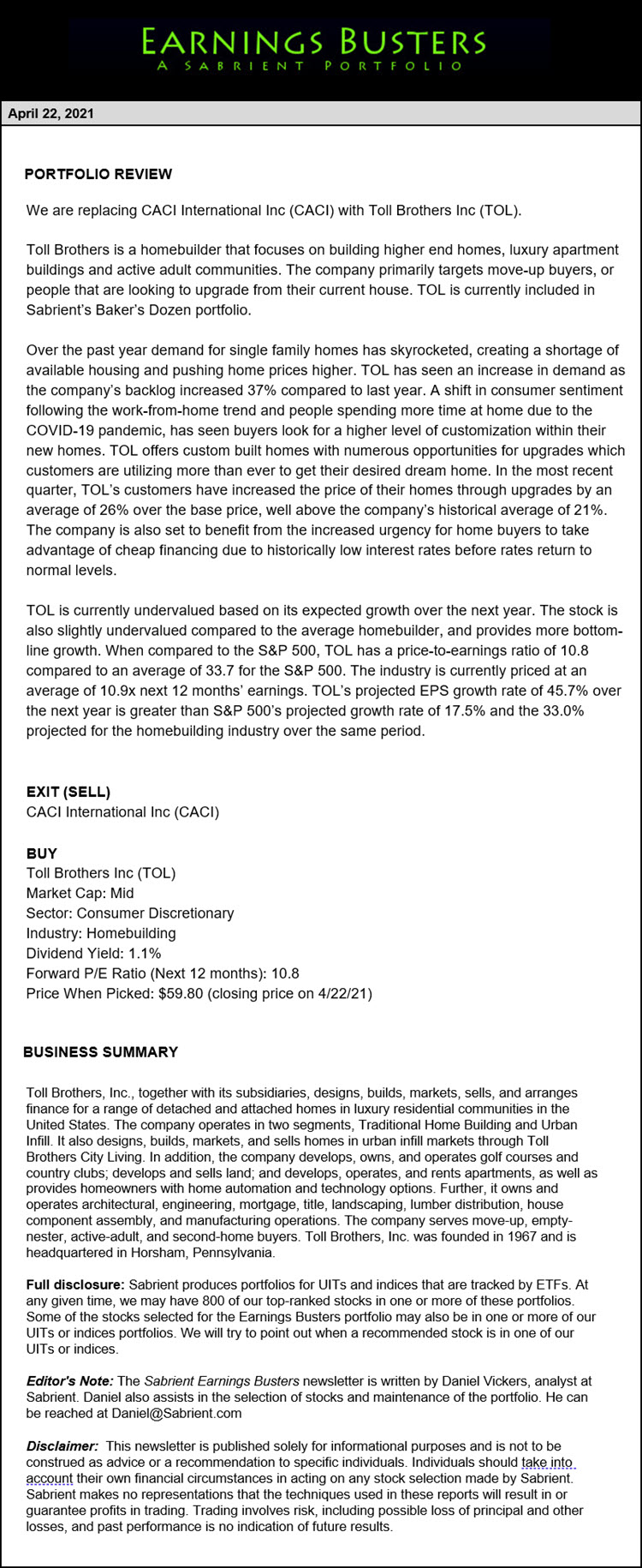 Earnings Busters Newsletter - April 22, 2021