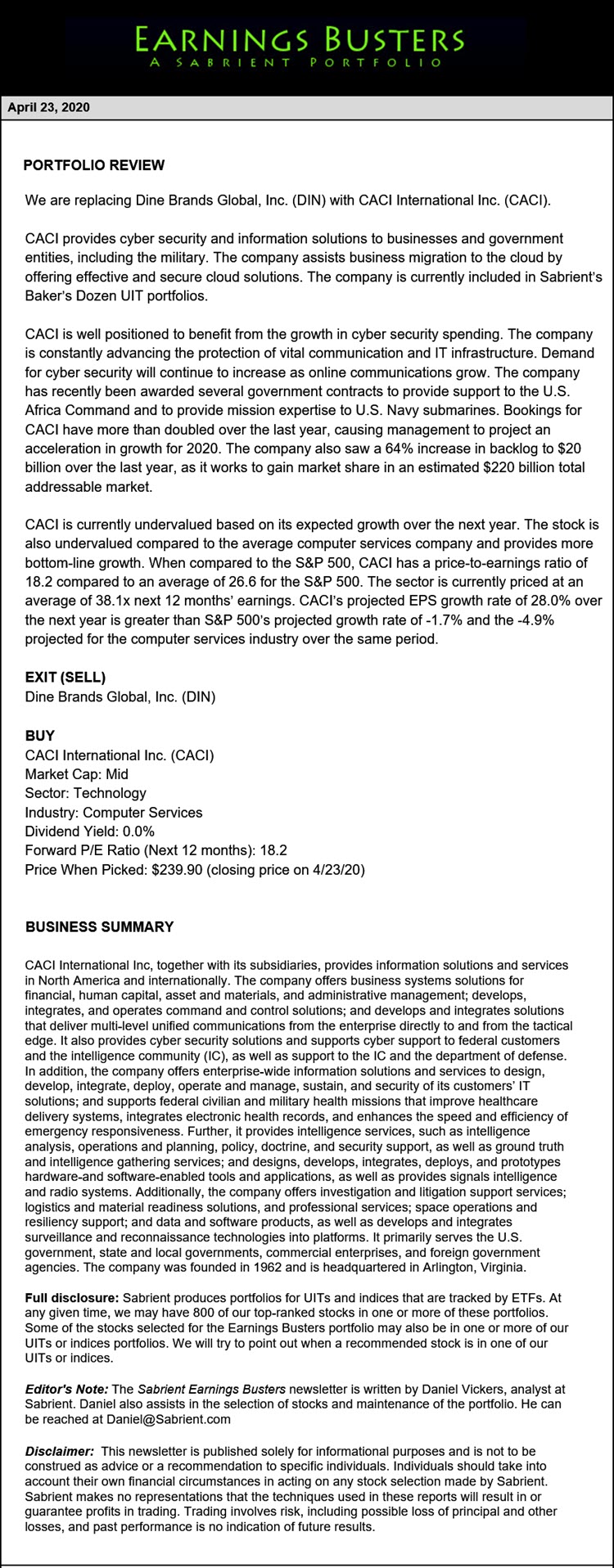 Earnings Busters Newsletter - April 23, 2020