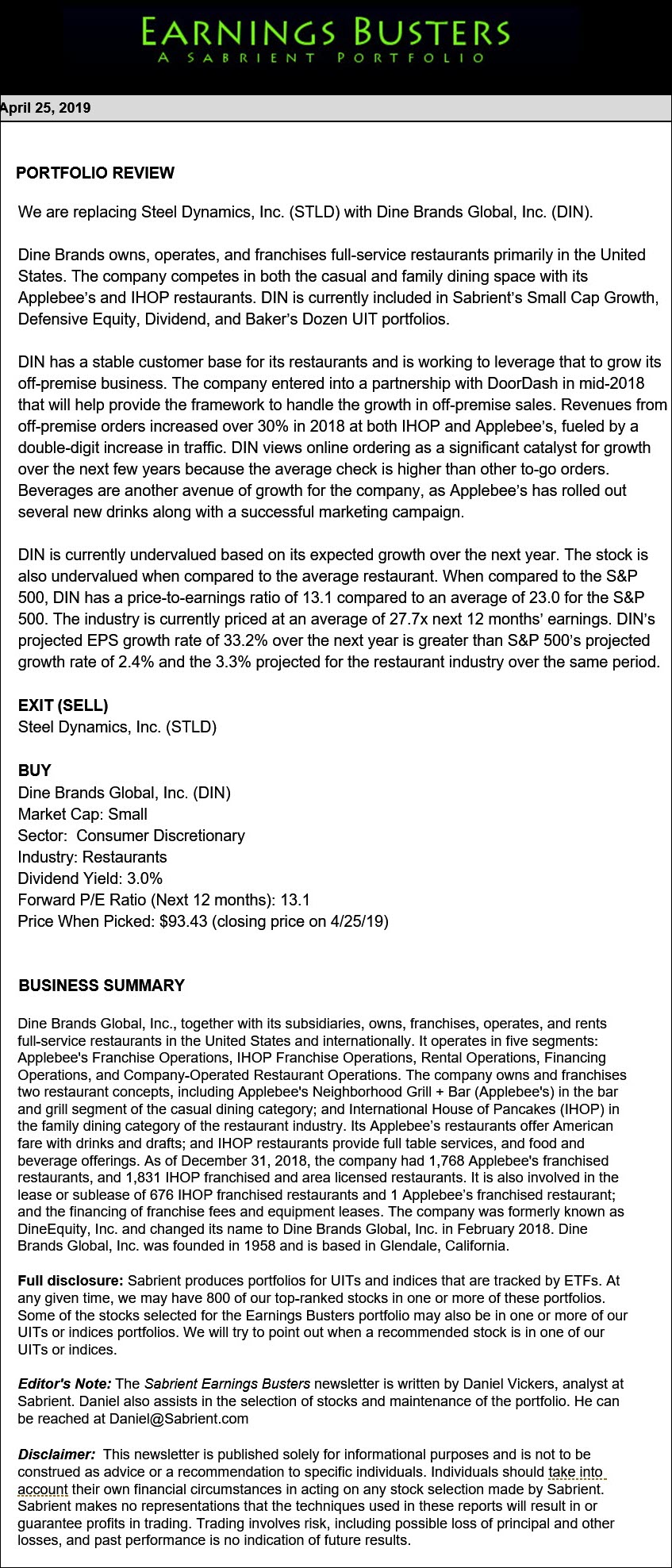 Earnings Busters Newsletter - April 25, 2019