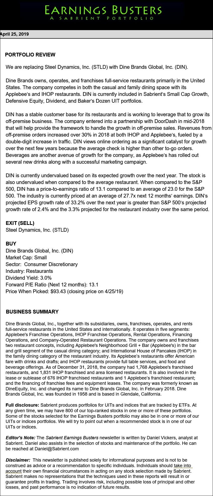 Earnings Busters Newsletter - April 25, 2019