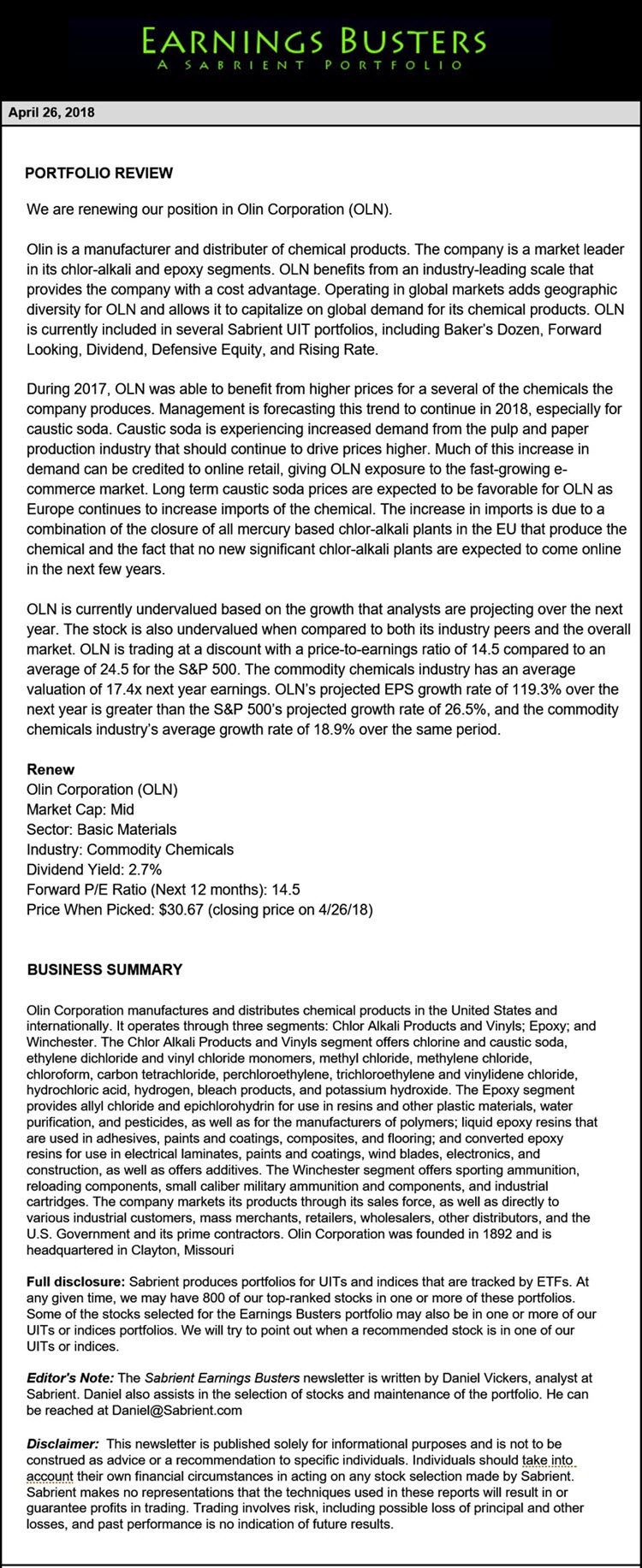 Earnings Busters Newsletter - April 26, 2018