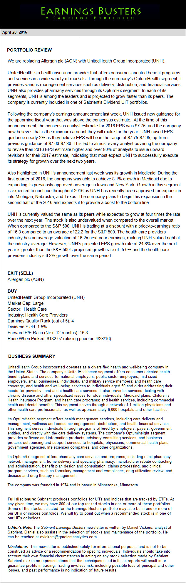 Earnings Busters Newsletter - April 28, 2016