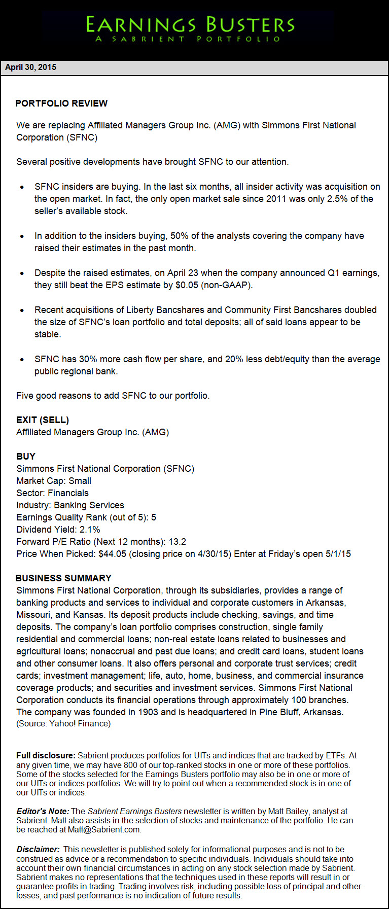 Earnings Busters Newsletter - April 30, 2015
