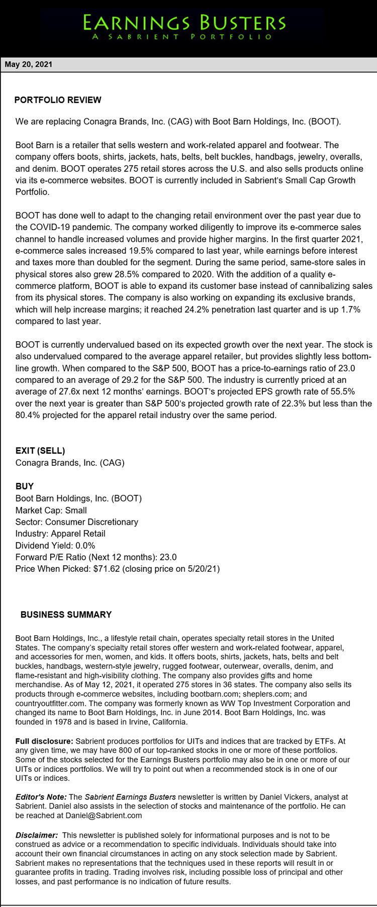 Earnings Busters Newsletter - May 20, 2021