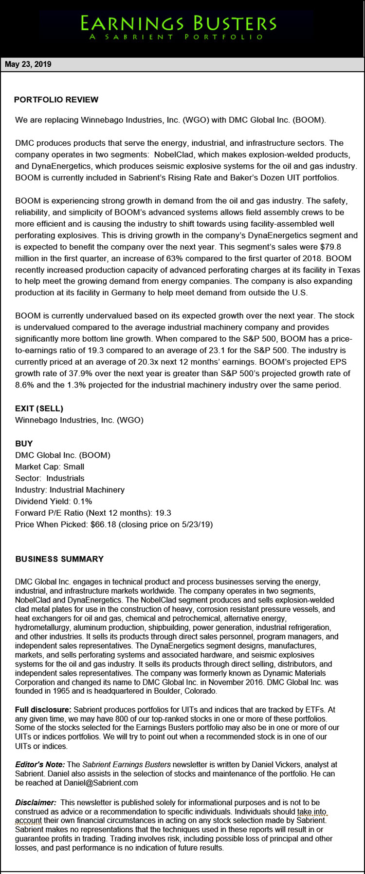 Earnings Busters Newsletter - May 23, 2019