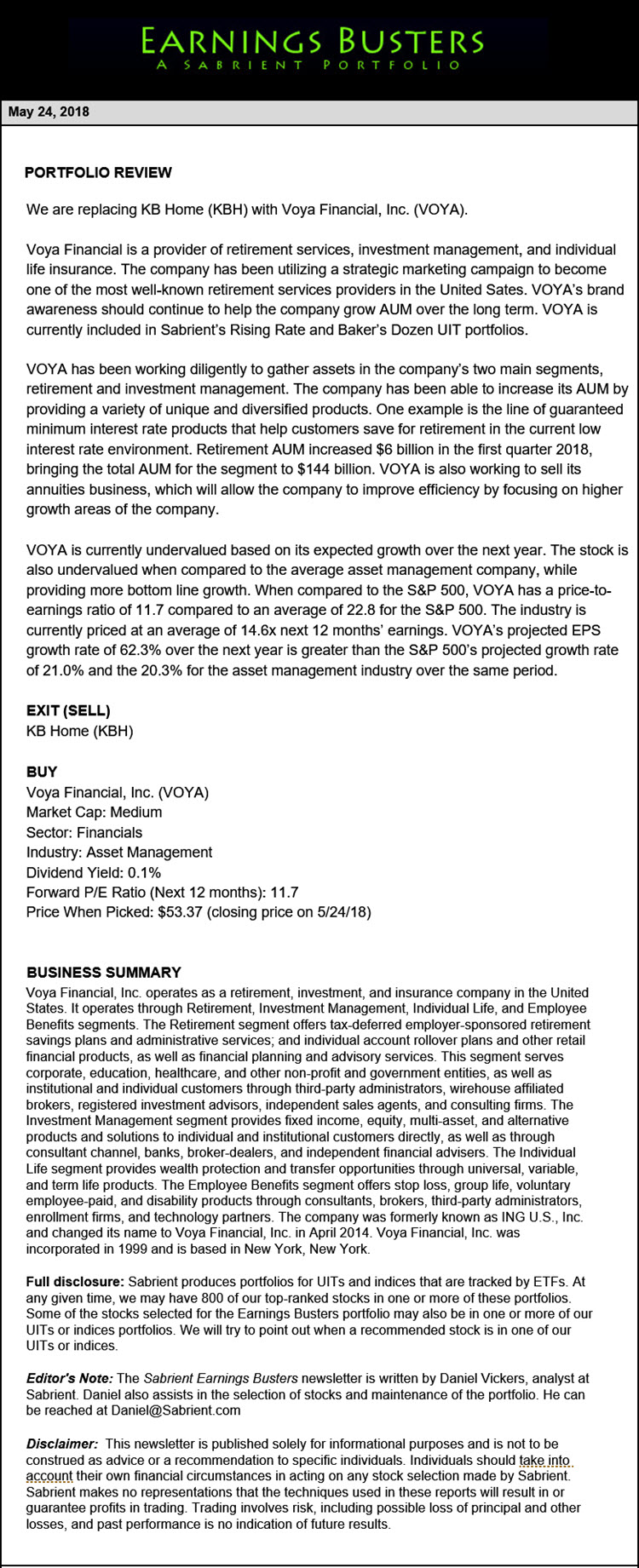 Earnings Busters Newsletter - May 24, 2018