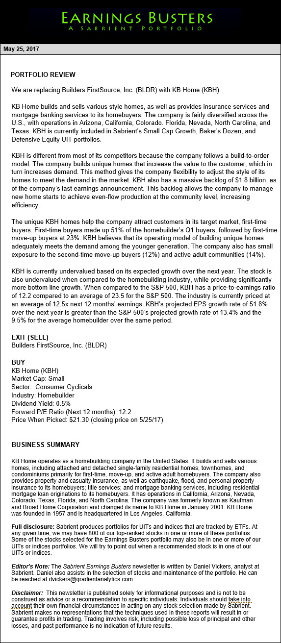 Earnings Busters Newsletter - May 25, 2017