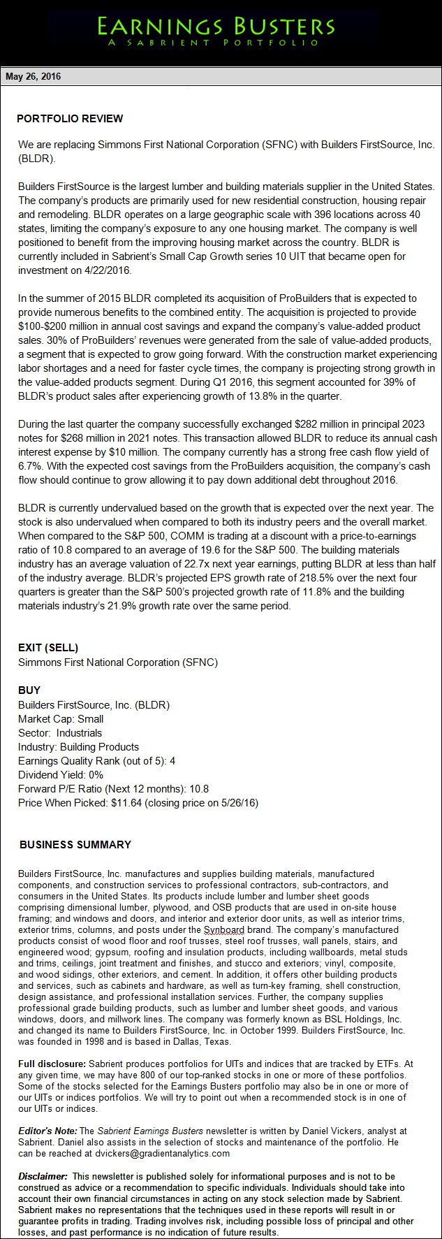 Earnings Busters Newsletter - May 26, 2016