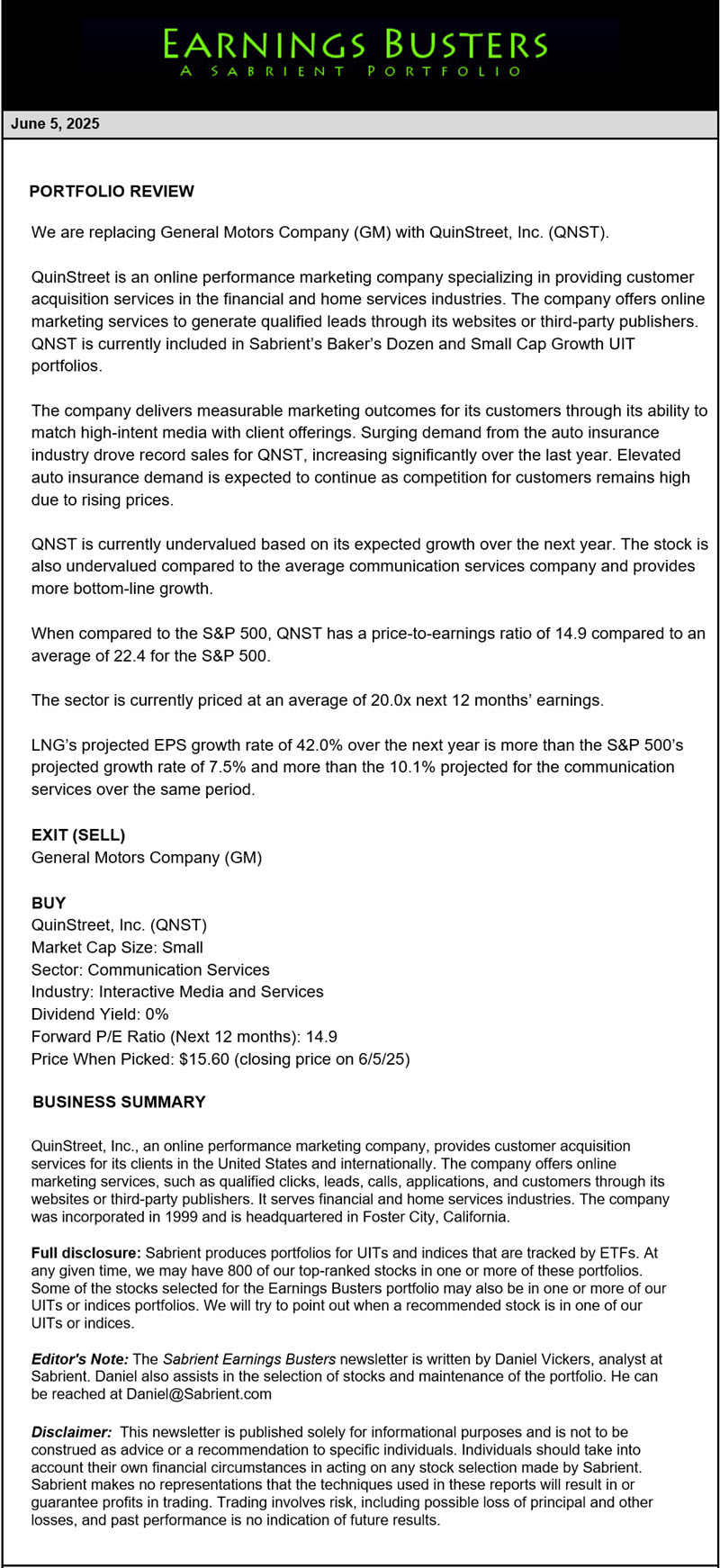 Earnings Busters Newsletter - June 5, 2025