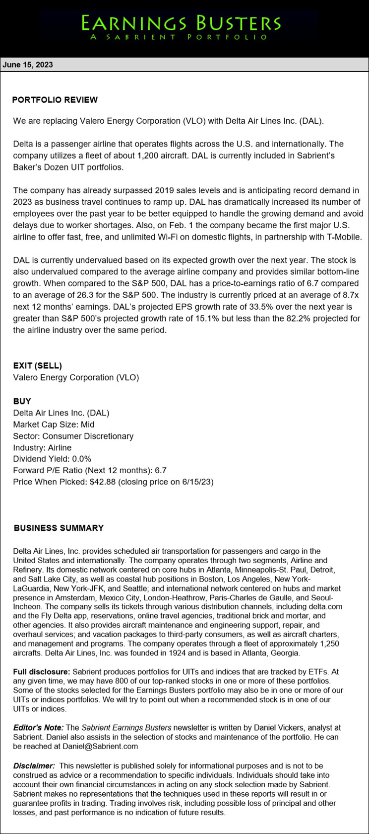 Earnings Busters Newsletter - June 15, 2023