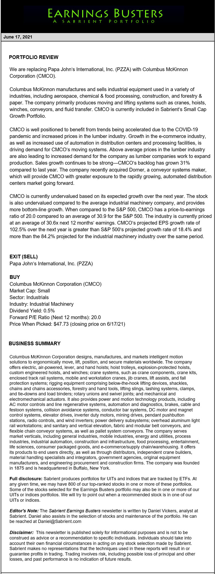 Earnings Busters Newsletter - June 17, 2021