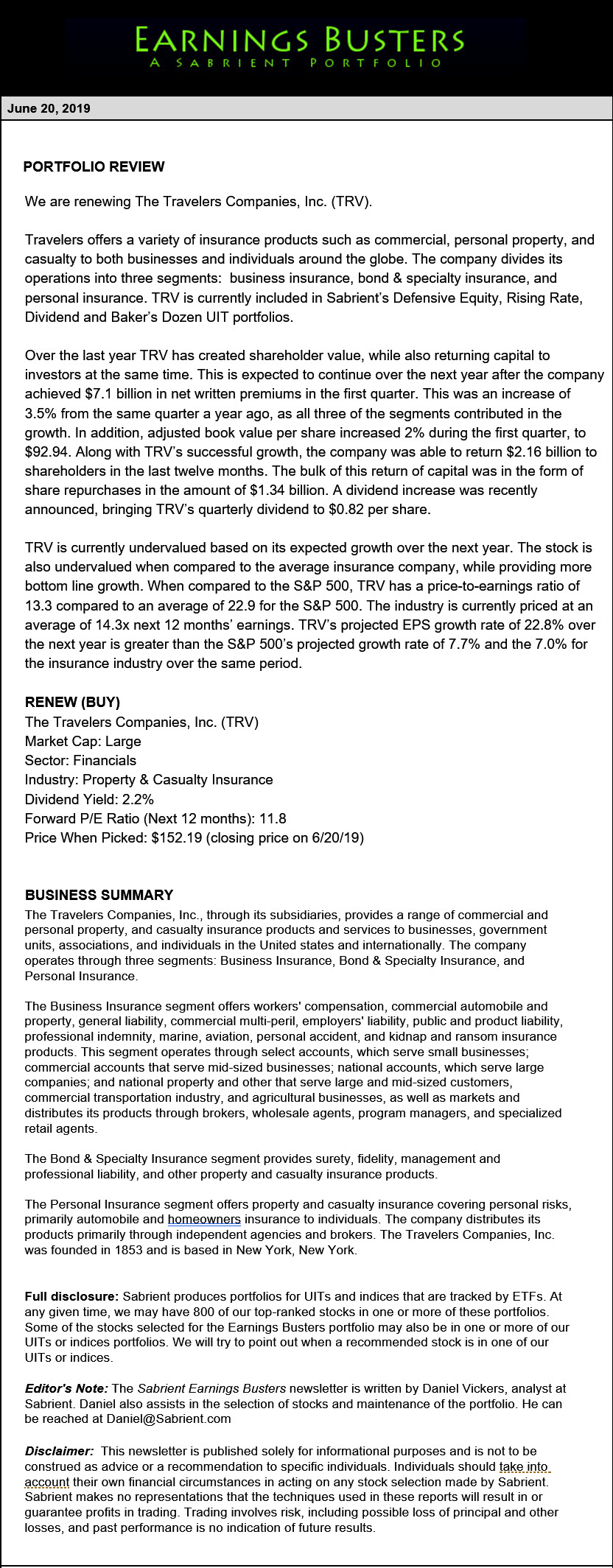 Earnings Busters Newsletter - June 20, 2019