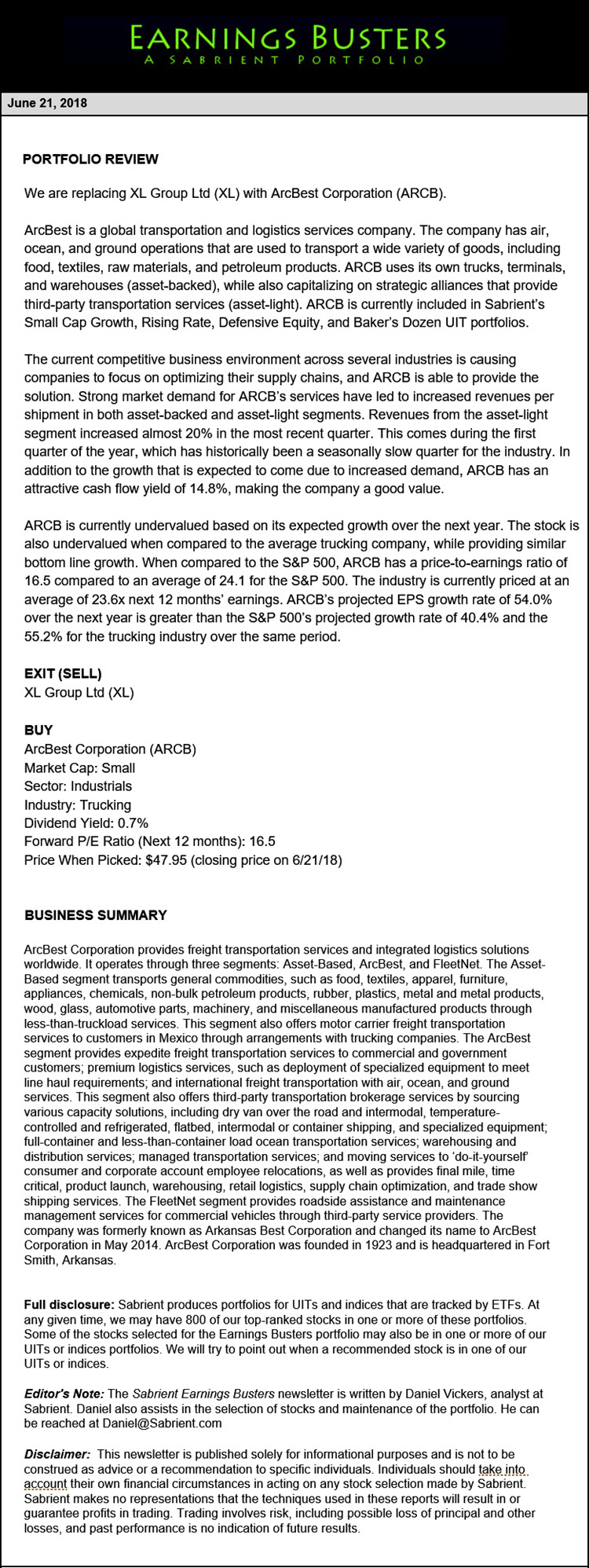 Earnings Busters Newsletter - June 21, 2018